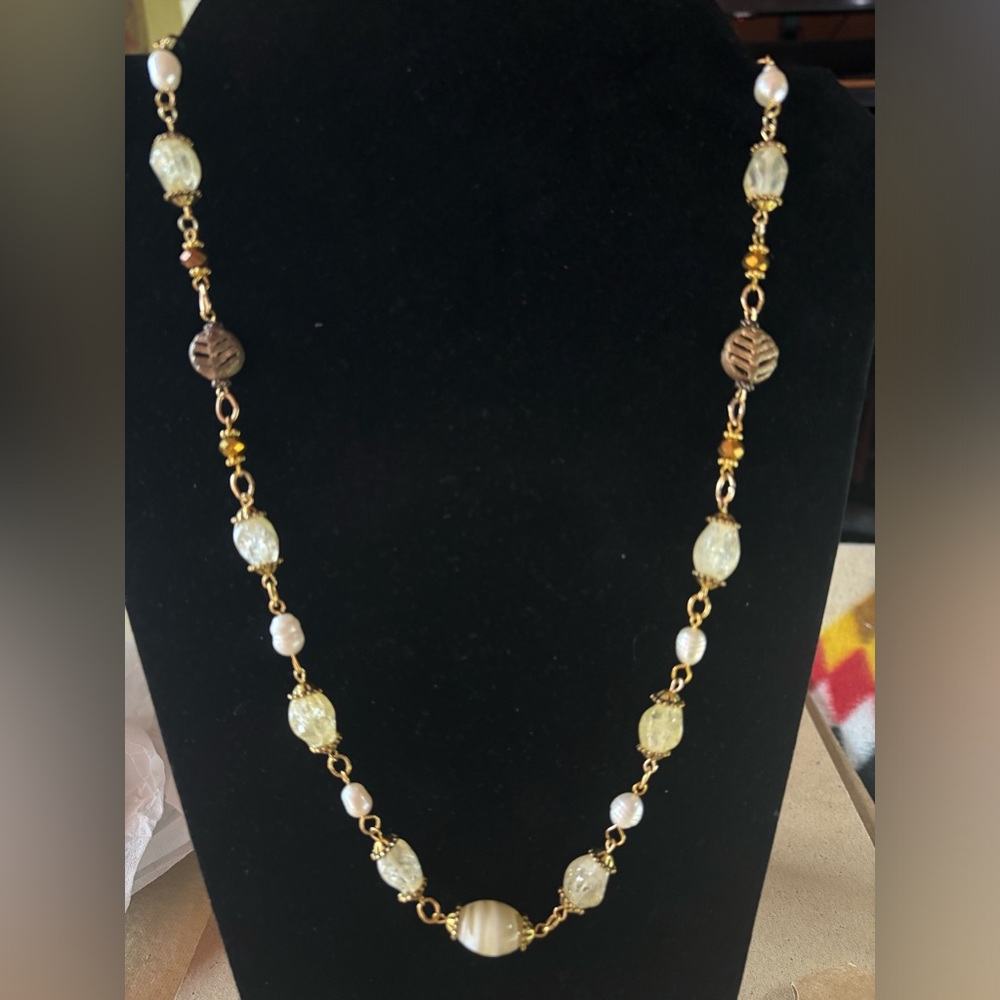 Hand crafted necklace yellow agate stones pearls African brass beads 24 inches